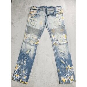 Rockstar Original Ultra Slim Jeans Mens 40x32 Blue Paint Distressed Moto Biker